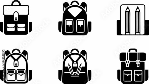 Illustration showing a set of six different designs of backpacks and school bags in black and white color 100 | editable eps vectors silhouette