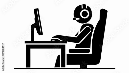 Illustration of a person sitting at a desk with a computer wearing a headset in black and white | editable eps vectors silhouette
