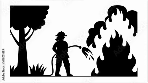 Silhouette of firefighter extinguishing fire near tree with water hose in monochrome illustration style | editable eps vectors