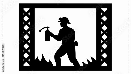 Silhouette of a firefighter holding a fire extinguisher with flames and a decorative border around it | editable eps vectors