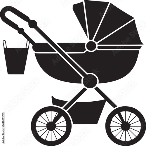 A simple black and white illustration of a baby stroller with a bucket hanging off the side view