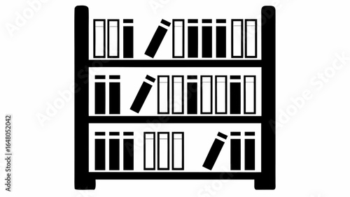 Illustration of a black bookshelf filled with books on three shelves with some books angled | editable eps vectors silhouette