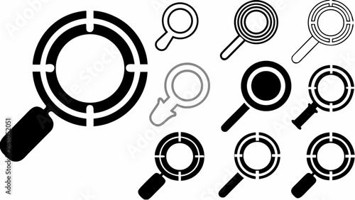 Illustration of multiple magnifying glass icons with varying designs and styles in black and white shades | editable eps vectors silhouette