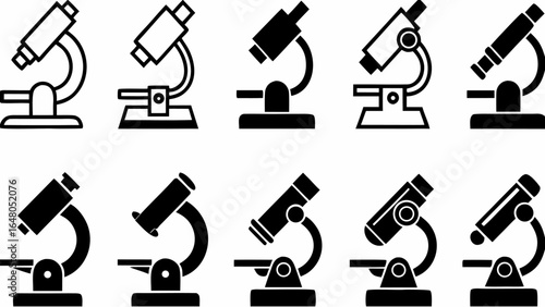 Illustration showing multiple microscope icons in varying styles and designs arranged in a grid pattern | editable eps vectors silhouette