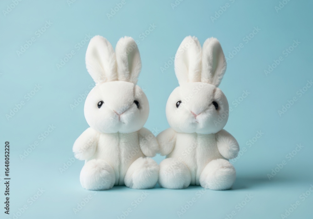 Obraz premium Two cute white plush bunnies sitting together against a soft blue background
