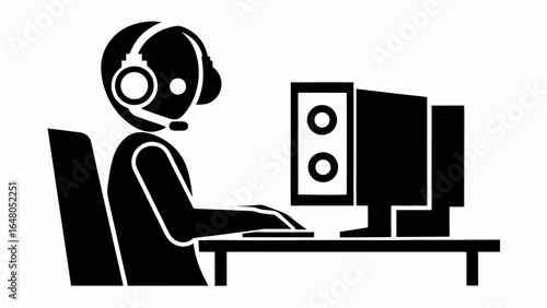 Illustration of a person wearing a headset sitting at a desk using a computer and keyboard device | editable eps vectors silhouette