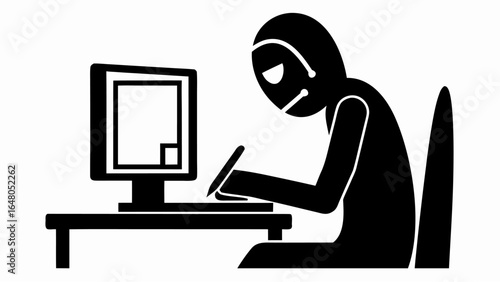Illustration of a person in a hoodie sitting at a desk using a computer and drawing with a stylus | editable eps vectors silhouette
