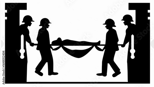Four people in silhouette carrying a stretcher with a person on it in a black and white illustration | editable eps vectors