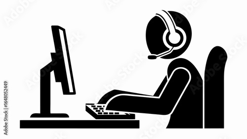 Silhouette of person with headset typing on keyboard in front of computer monitor on a desk in black | editable eps vectors