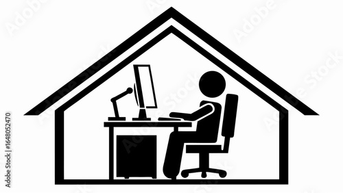 Illustration of a person working from home at a desk with a computer and a lamp inside a house shape | editable eps vectors silhouette