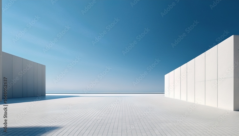 Fototapeta premium minimalist architecture white concrete wall pillars and tile floor against a clear blue sky