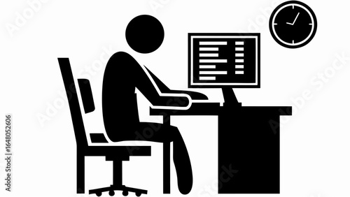 Silhouette of a person sitting at a desk working on a computer with a clock on the wall showing the time | editable eps vectors