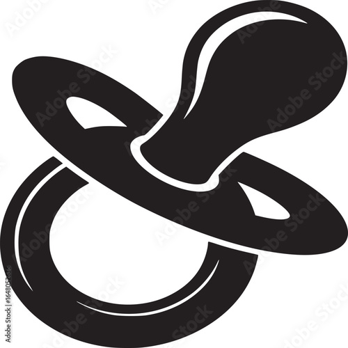 Isolated black and white graphic illustration of a baby pacifier with a simple design on a white background