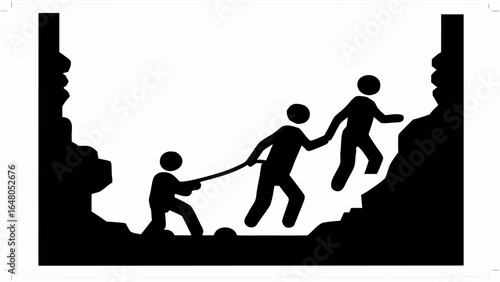 Three figures climbing a rocky cliff with one figure pulling the other two with a rope for assistance | editable eps vectors silhouette