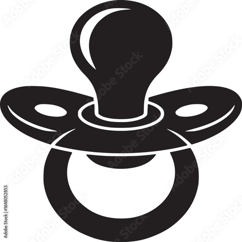 A black silhouette of a baby pacifier with a rounded top and circular handle on a white background