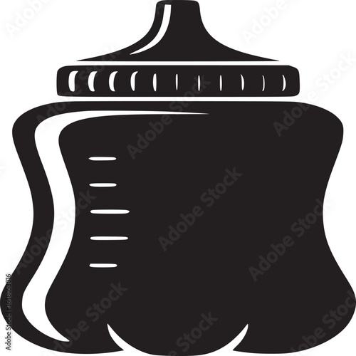 A black and white graphic illustration of a baby bottle with measurement markings on the side view