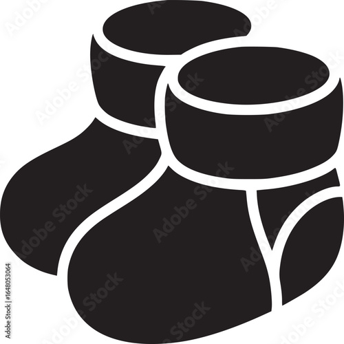 A graphic illustration of two black baby booties with white outlines on a white background design art