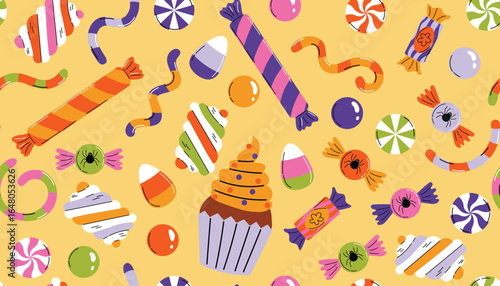 Colorful Halloween seamless pattern with candy, lollipops, marshmallows, gummy worms, candy corns and muffin.