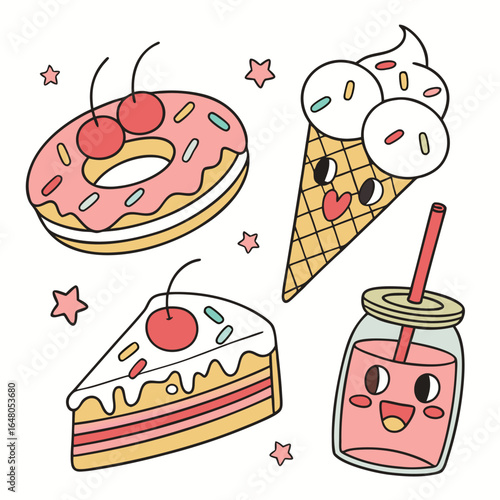 Playful sweet treats sticker collection featuring donuts and colorful frosting designs