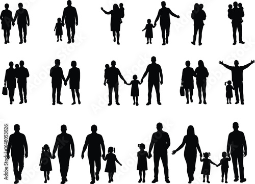 Collection of black silhouette figures depicting families, parents with children, couples walking, diverse family structures, flat vector illustration on a white backdrop