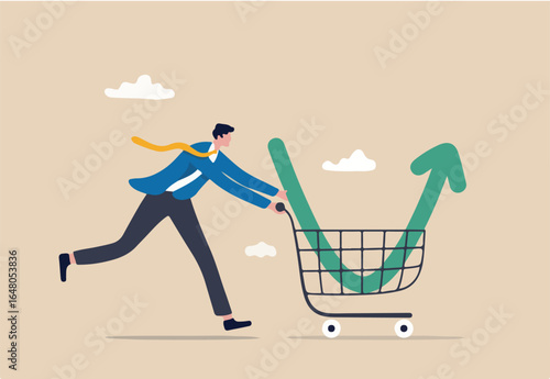 Buy on the dip, purchase stock when price drop, trader signal to invest, make profit from market collapse concept, smart businessman investor buy stock with down arrow graph in shopping cart.