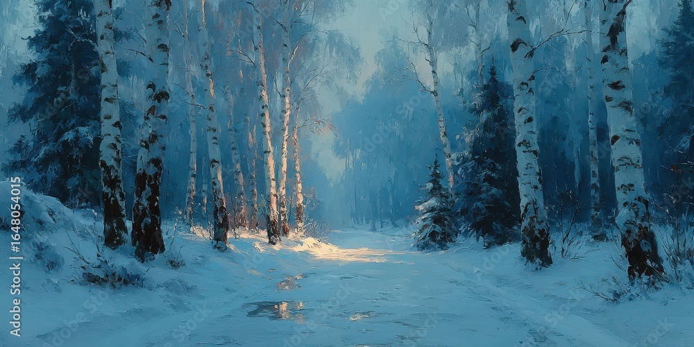 Fototapeta premium Winter landscape featuring snowy path and birch forest at dawn with soft blue and white hues