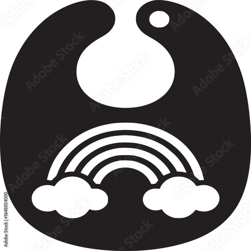 A black and white illustration of a baby bib with a rainbow and clouds design on the front side area