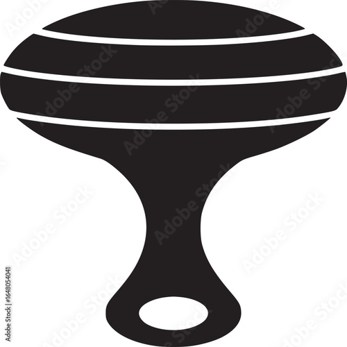 A black and white image of a maraca with horizontal lines on the top and a hole at the bottom
