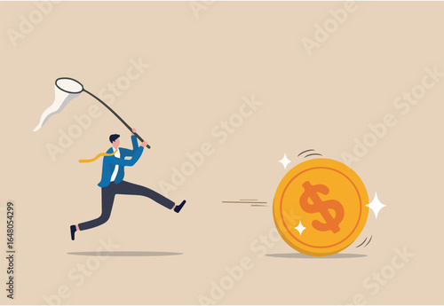 Chasing high performance active mutual fund, buying rising star stock or funds, catch or grab hot ETFs concept, businessman investor run chasing try to catch high performance attractive dollar coin. 