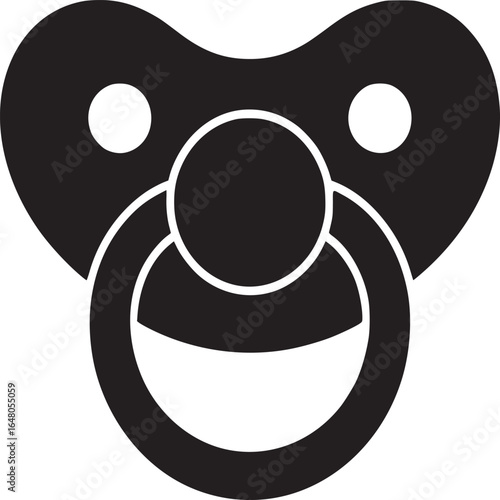A minimalistic black and white image of a baby pacifier with a simple and clean design style