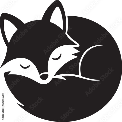 A black and white illustration of a curled up sleeping fox in a circular shape on a white background