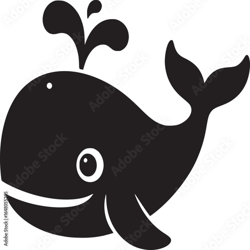 A black and white graphic of a cartoon whale spouting water from its blowhole on a white background
