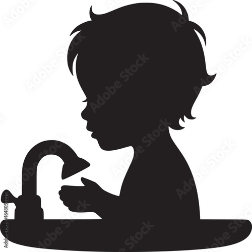 Silhouette of a child washing hands at a sink with a faucet on a white background vector graphic