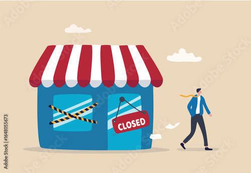 Close business, decision to stop operate company, office closing down out of business, store, end business signboard problem or recession concept, businessman walk away from closed company office.
