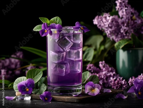 Homemade drink cold violet lemonade with herbs and ice cubes in a glass isolated on a black background