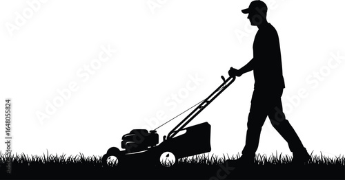 Silhouette of a man mowing a lawn with a lawnmower, gardening and yard work, black and white vector illustration isolated on white background