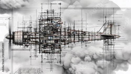 Intricate design of a vintage aircraft with cloud background
