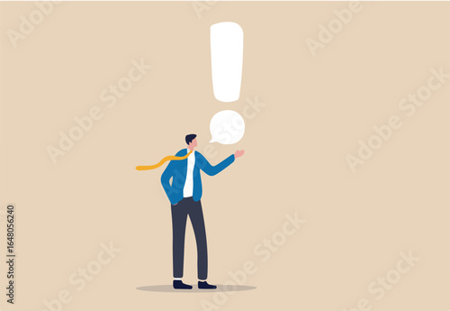 Story telling, speak out loud to draw attention and interest, fact important information or secret, caution and alert call concept, businessman speaking with speech bubble as exclamation point.