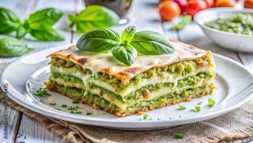 Lasagna al Pesto – pesto layers, béchamel sauce, parmesan crust, green basil garnish, white plate