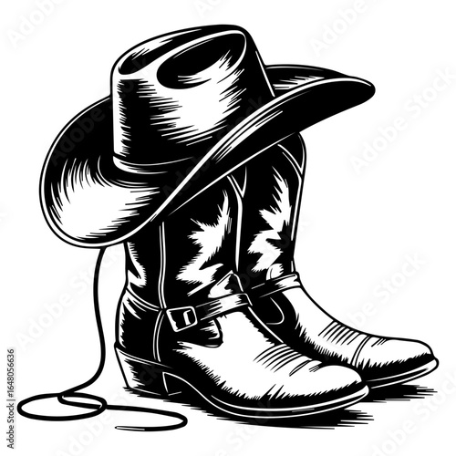 Cowboy Hat and Boot Illustration with Detailed Western Engraving Style