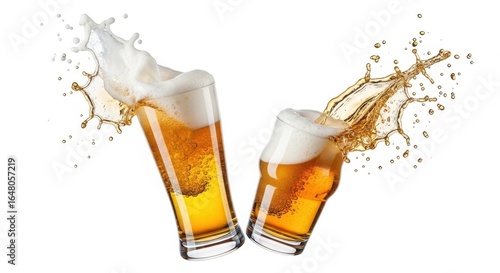 Two tilted glasses of beer splashing with foam isolated on white background