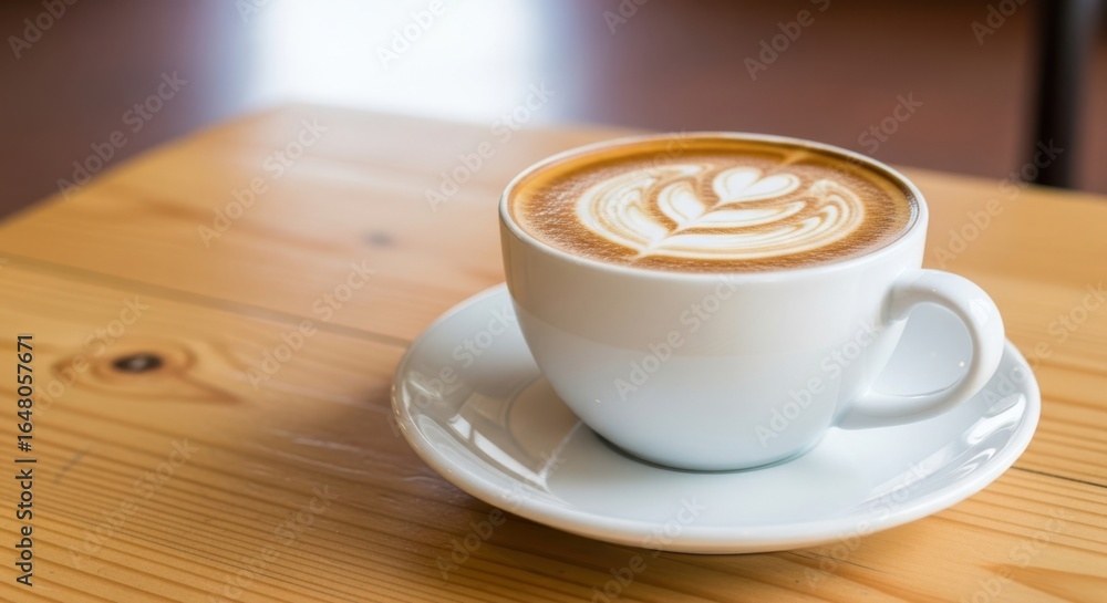 Fototapeta premium Closeup of a white cup of latte coffee with art on a wooden table