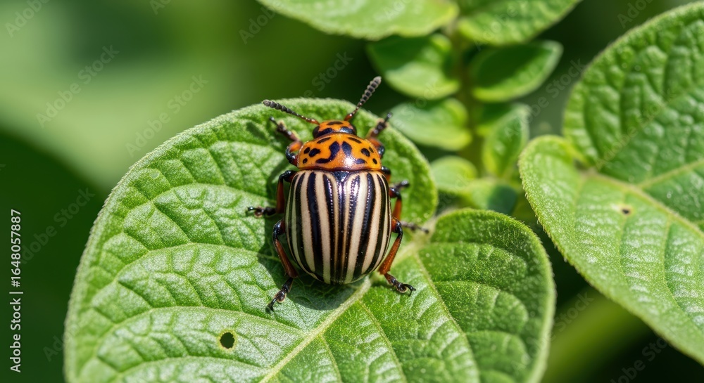 Fototapeta premium Colorful colorado potato beetle on green leaf in natural environment