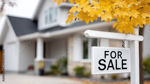 Fototapeta Naklejka Na Ścianę i Meble -  Cozy suburban home with for sale sign and fall foliage nearby