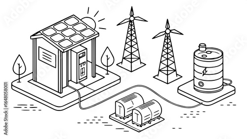"Line art of green energy technology: solar cells, offshore windmills, hydrogen fueling station, EV supercharger, energy storage battery."