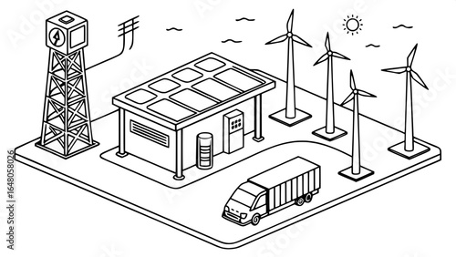 "Line art of green energy technology: solar cells, offshore windmills, hydrogen fueling station, EV supercharger, energy storage battery."