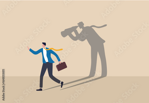 Internet stalker, espionage, online advertising tracking and follow users, spyware, safety, security and privacy issue concept, businessman walking with shadow using spyglass binocular stalking him. 