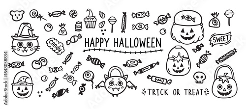 Halloween sweet candy doodle outline set. Line hand drawn candies. Drawing sweets