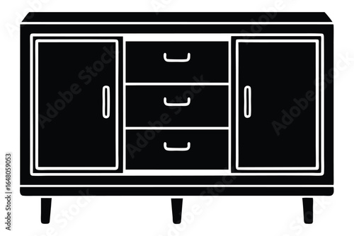 Silhouette of a Cabinet with Three Drawers and Two Doors, Modern Minimalist Design