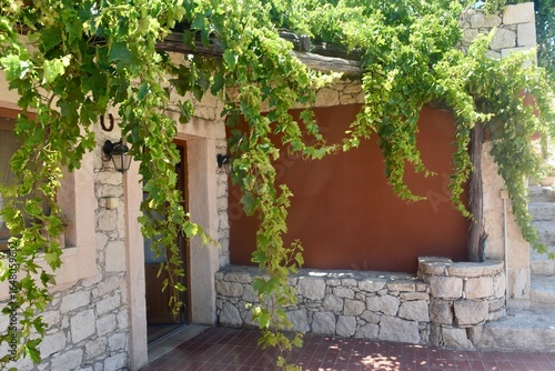 Detail of ancient house doorway with stone brick and grape green vinery overhang in Crete Greece Europe